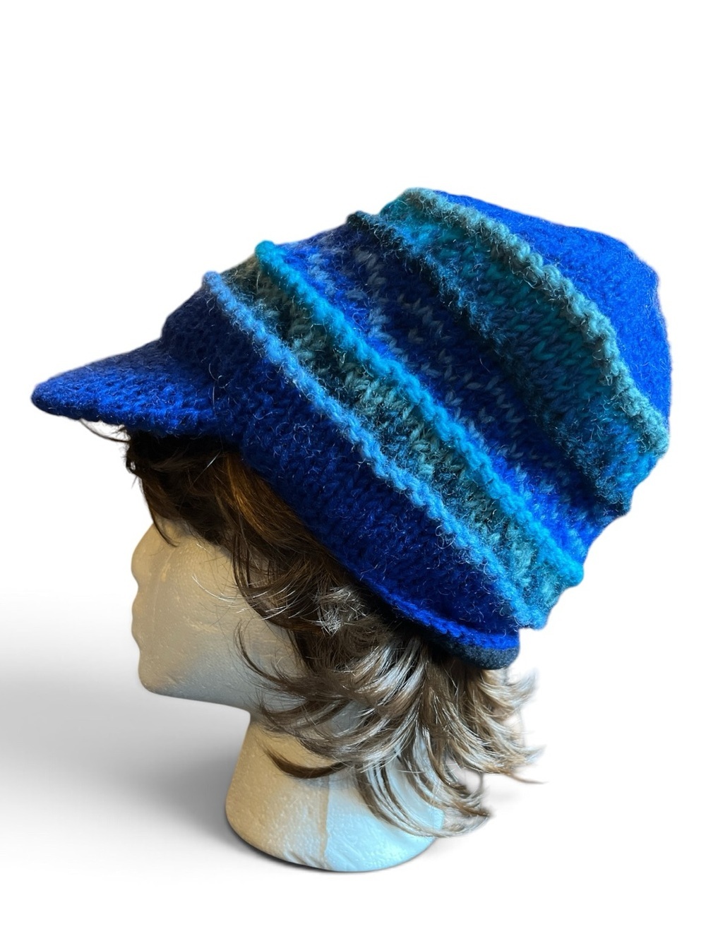 Royal Blue Multicolor Knit Hat with Bill - Feece Lined